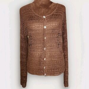 Crochet Button Cardigan Size Medium Y2K Cottage‎ Brown Women's Lightweight